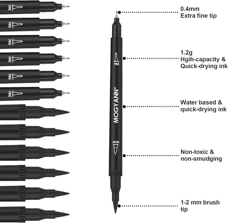 Mogyann Drawing Pens, 12 Pack Dual Brush Pens Black Markers for Art Drawing Sketching - Image 2